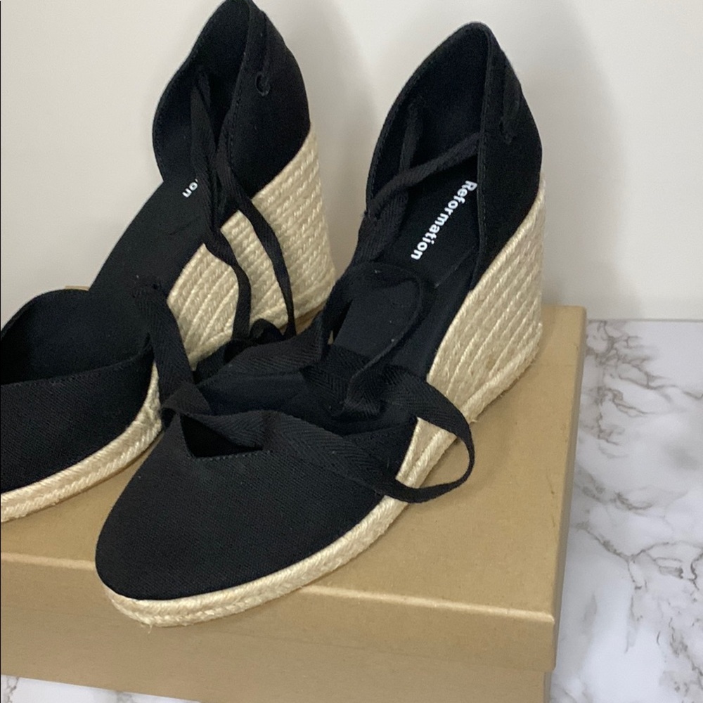 Reformation Black and Tan Espadrille Wedges with Ankle Straps